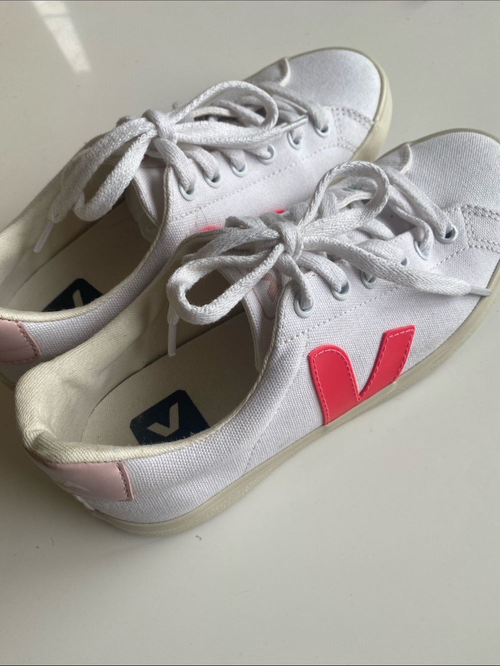 Veja White Canvas Sneakers with Pink V Accent, EU 37, US 6